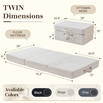 Fold 6-Inch Tri-Fold Folding Mattress-Twin-Beige