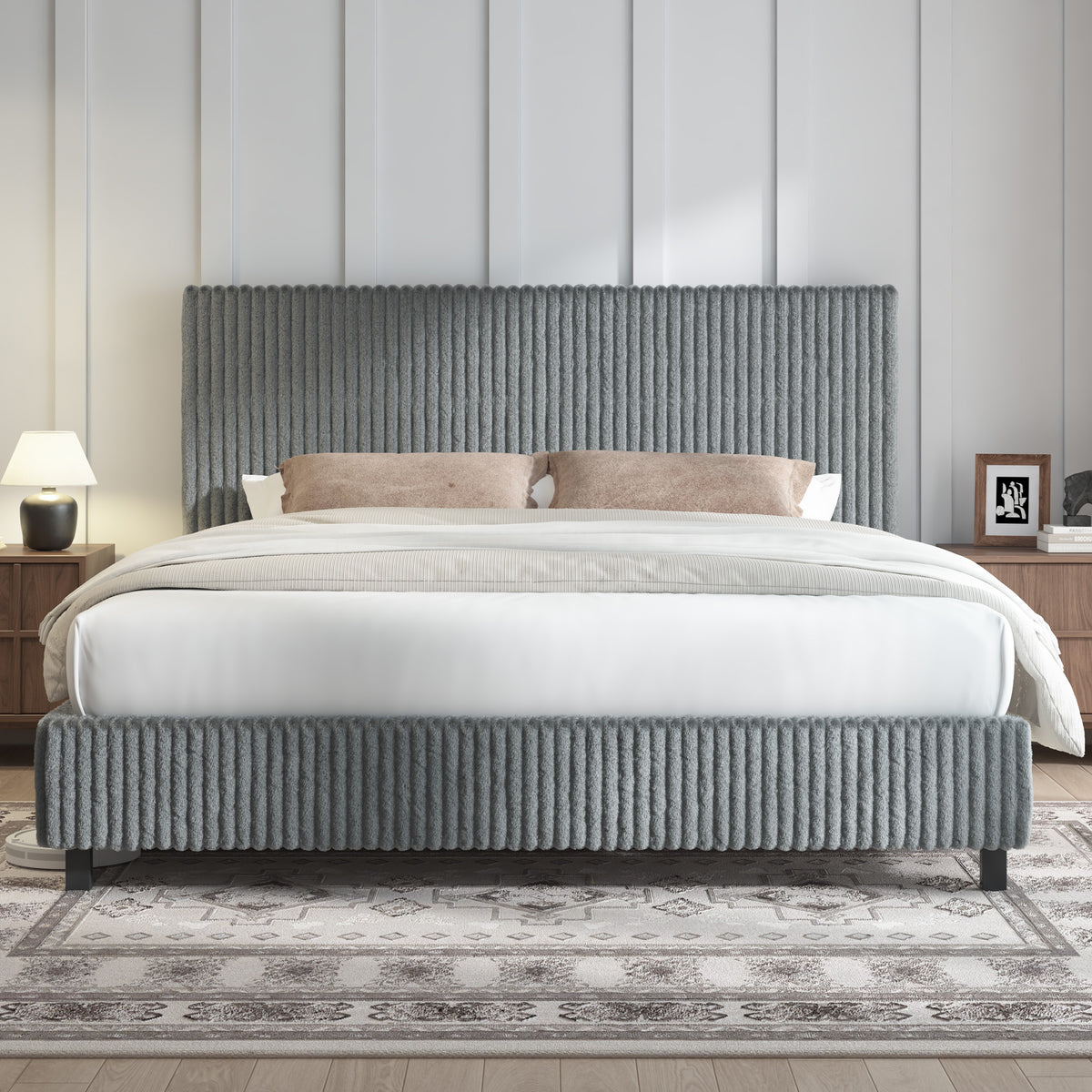 Velmure Corduroy Platform Bed Frame-King-Grey