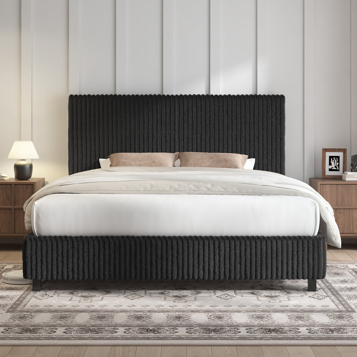 Velmure Corduroy Platform Bed Frame-Queen-Black