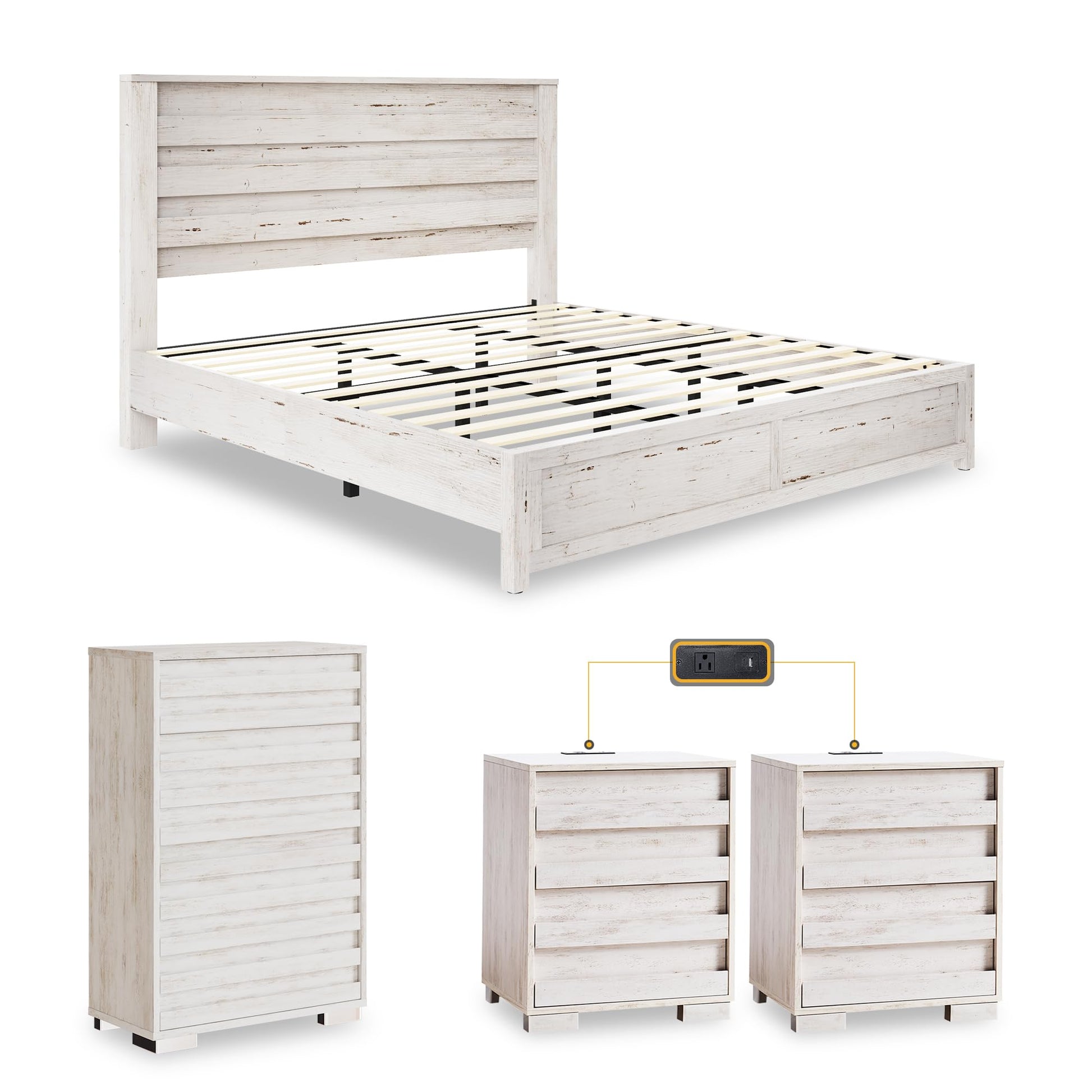 3 Piece Bedroom Set-K-Distressed White