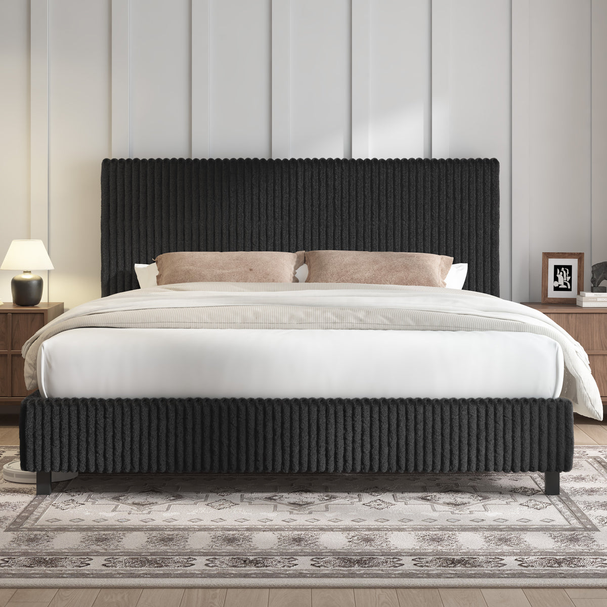 Velmure Corduroy Platform Bed Frame-King-Black