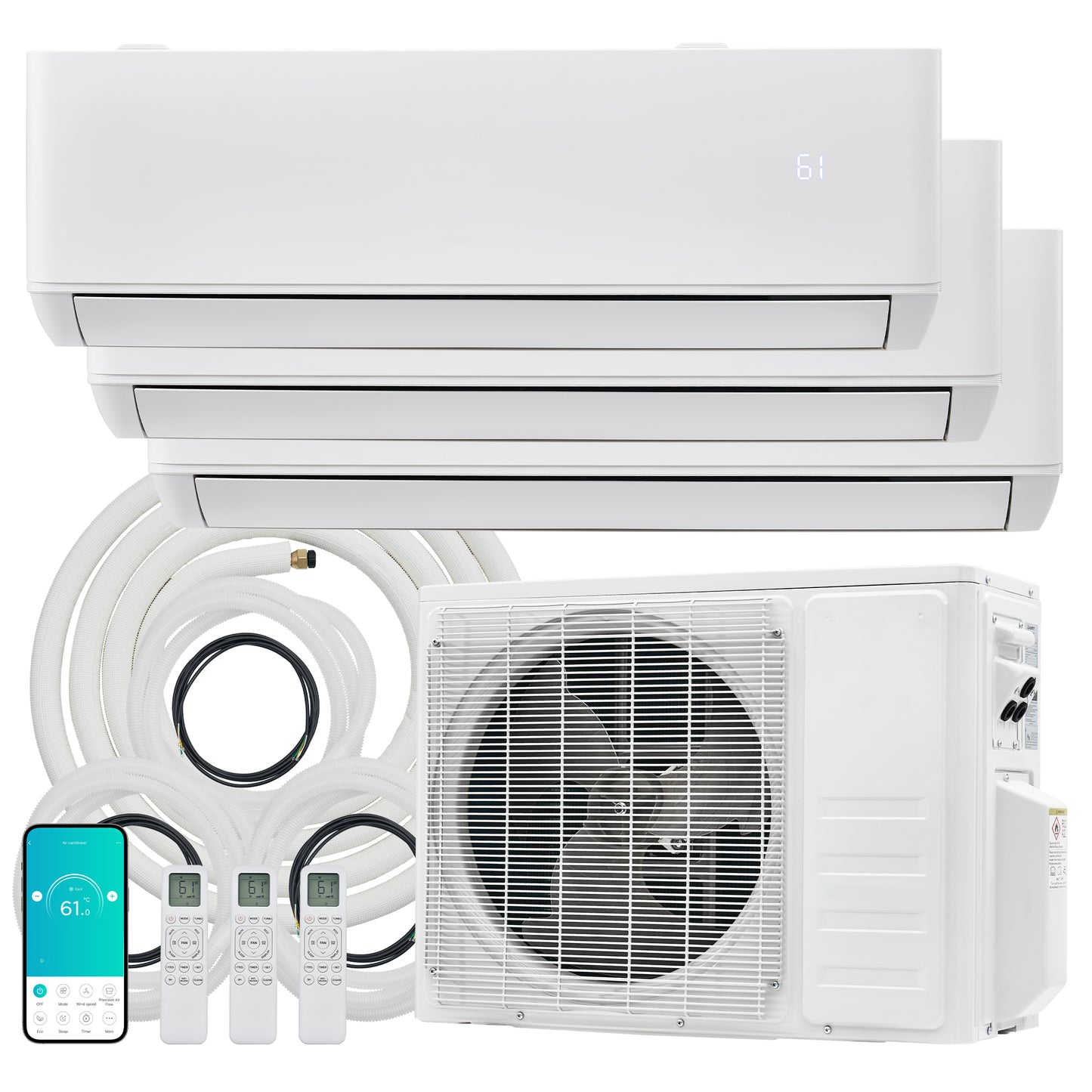 Multi-Zone Ductless Mini Split AC and Heating System (2 & 3 Zone)-3 Zone 28000 BTU (9k+9k+12k)-WIFI