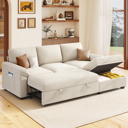 Sleeper Sectional Sofa with Pull Out Bed & Storage-81" | 3-Seater | Fixed backrest-Beige
