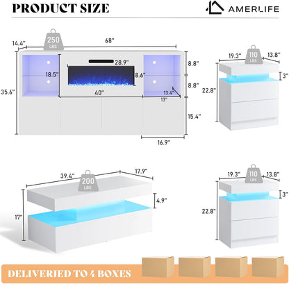 Nebula 68" Fireplace 5-Piece Living Room Set Amerlife 68“ / White