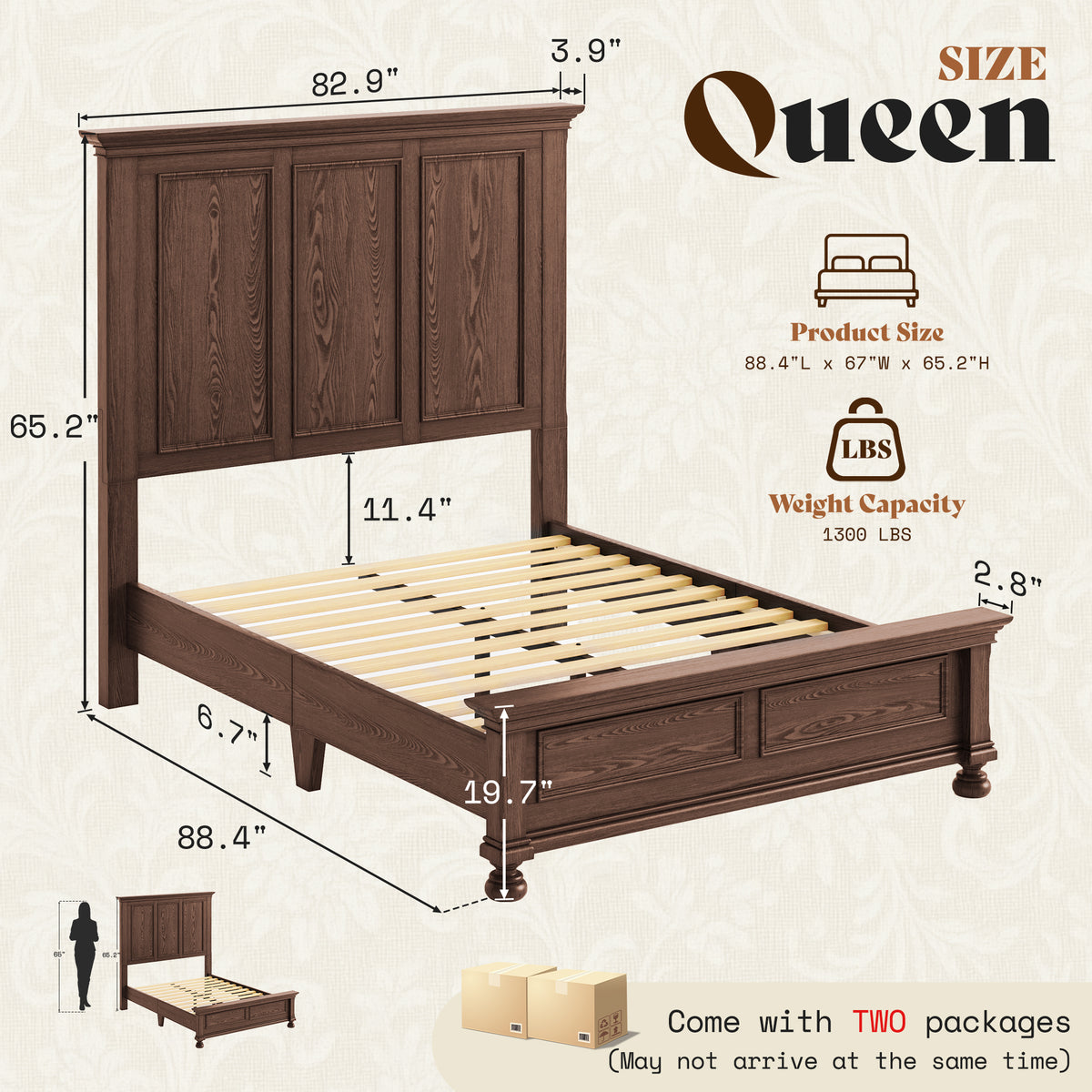 Bobbin Solid Wood Platform Bed-Brown-Queen