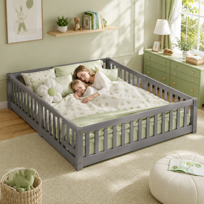 Solid Wood Kids Floor Bed with Safety Rails