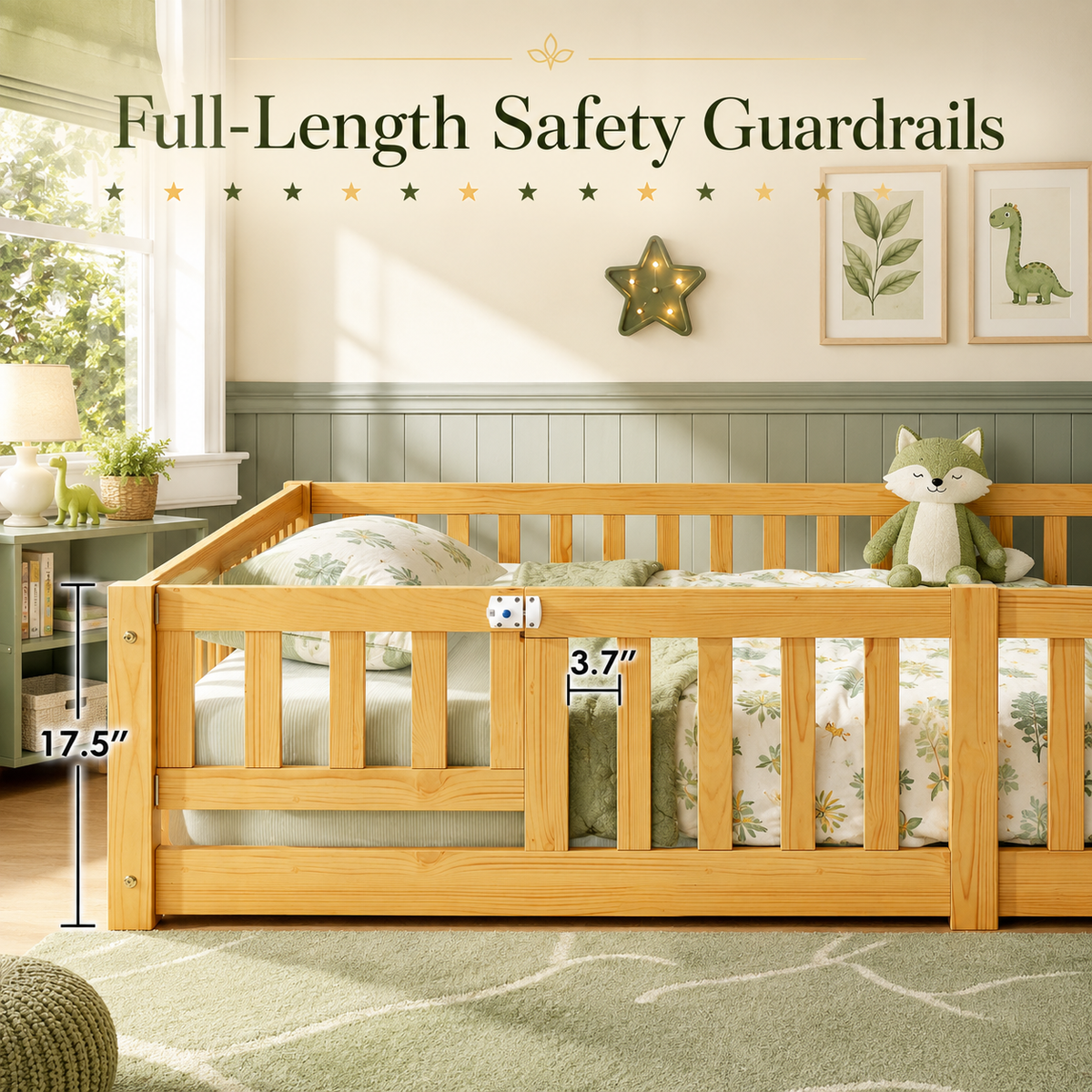 Solid Wood Kids Floor Bed with Safety Rails
