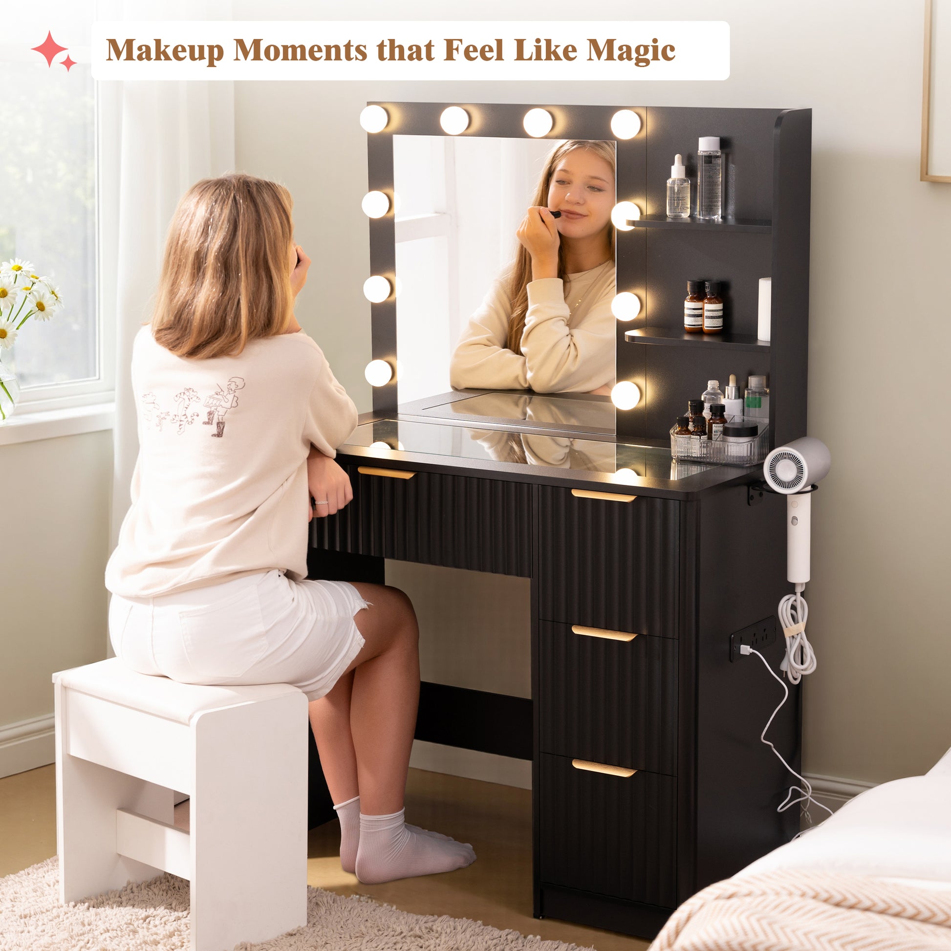 Glow 36.2" Fluted Vanity Desk Amerlife Black