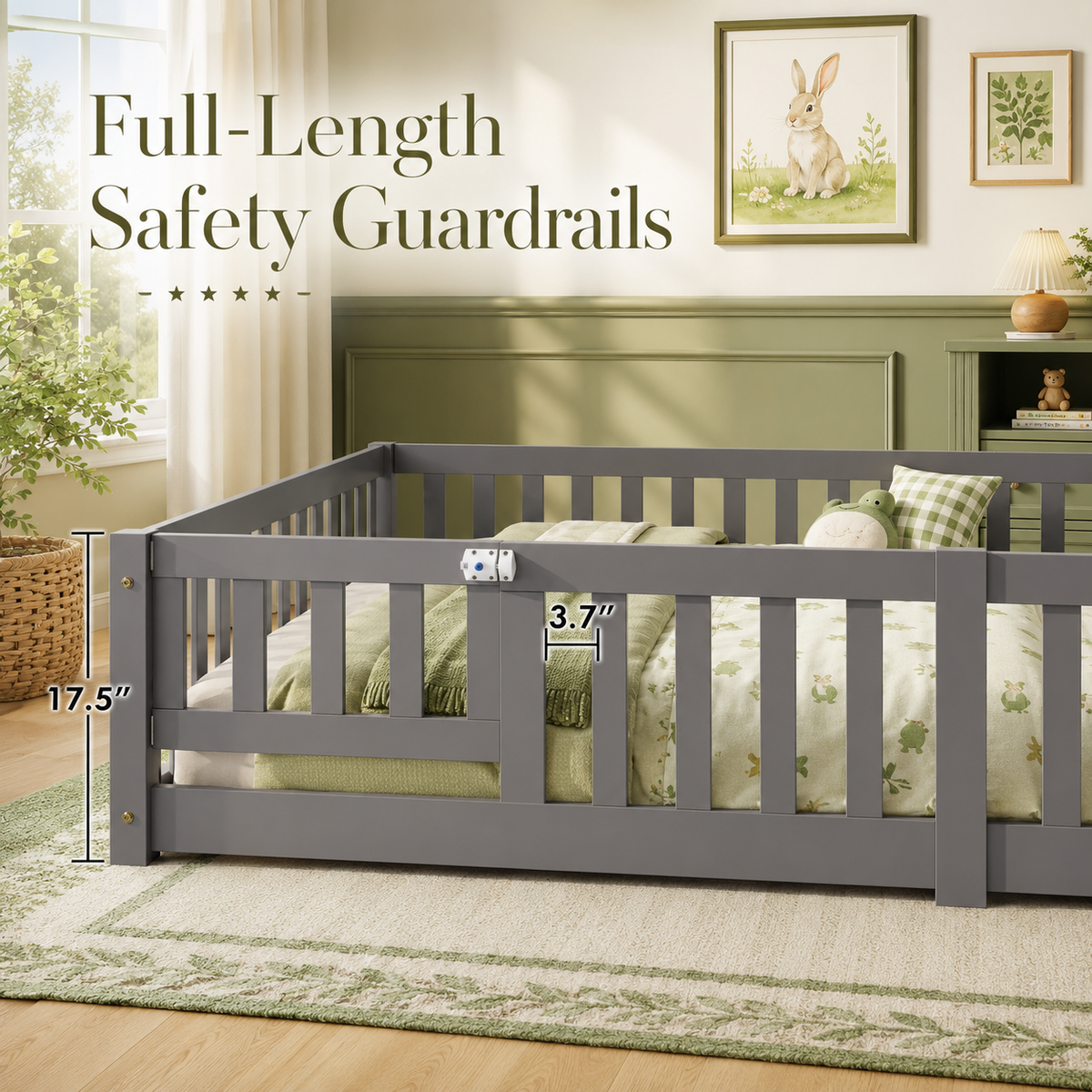 Solid Wood Kids Floor Bed with Safety Rails