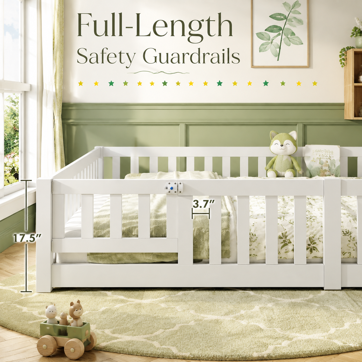 Solid Wood Kids Floor Bed with Safety Rails