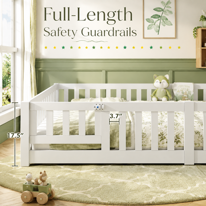 Solid Wood Kids Floor Bed with Safety Rails