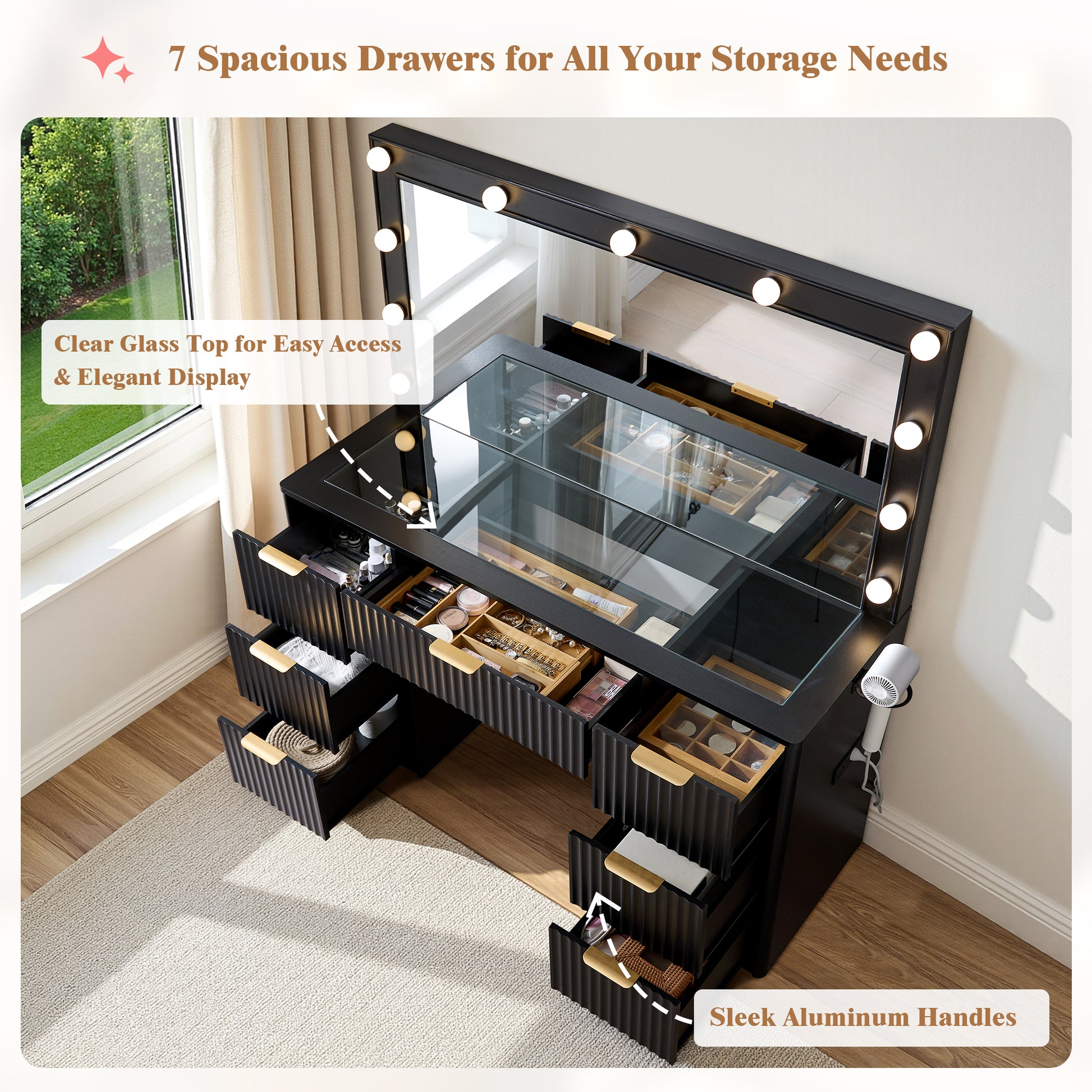 Glow 47.2" Fluted Vanity Desk Amerlife Black
