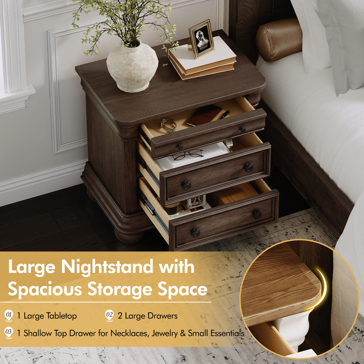 Bun Fully Assembly Wood Nightstand-26"-2PC-Brown