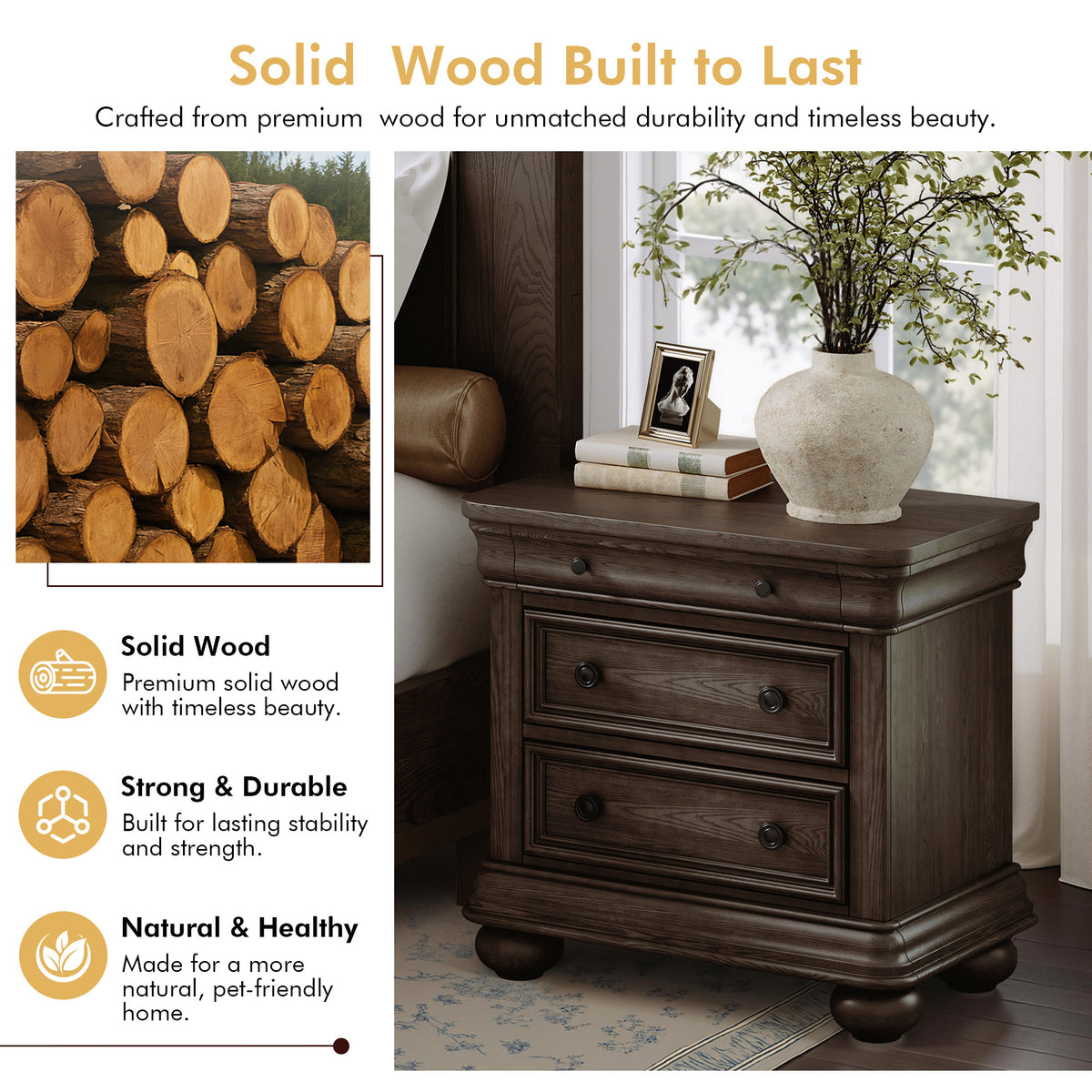 Bun Fully Assembly Wood Nightstand-26"-2PC-Brown