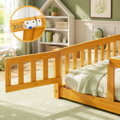 Solid Wood Kids Floor Bed with Safety Rails