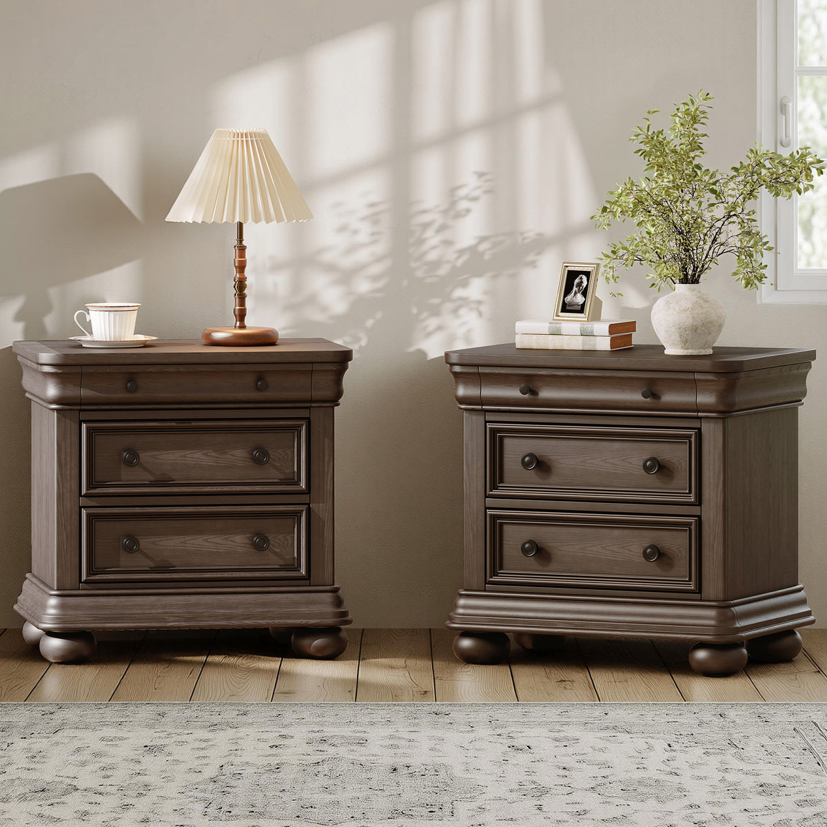 Bun Fully Assembly Wood Nightstand-26"-2PC-Brown