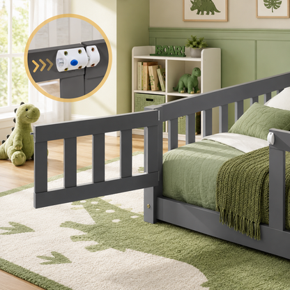 Solid Wood Kids Floor Bed with Safety Rails