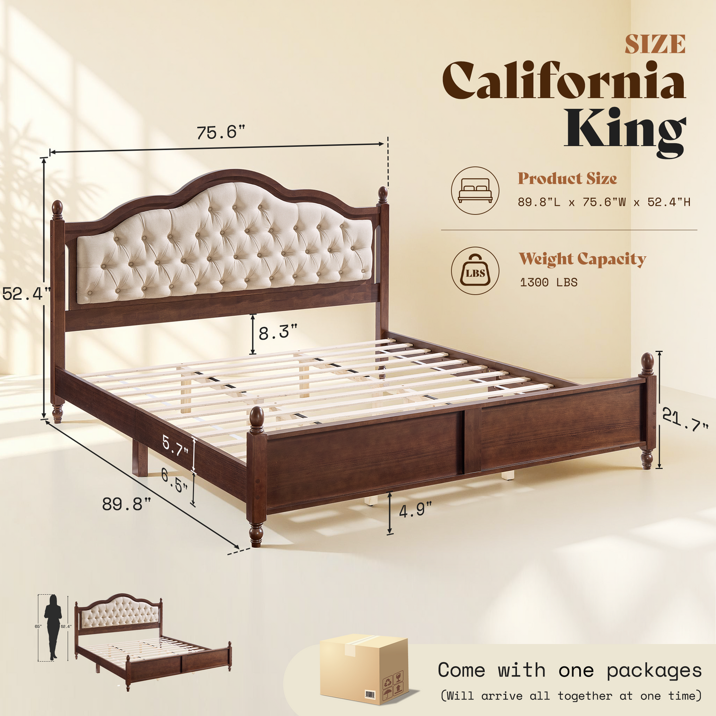 Astor Solid Wood King Bed Frame with Headboard-Califonia King-Walnut