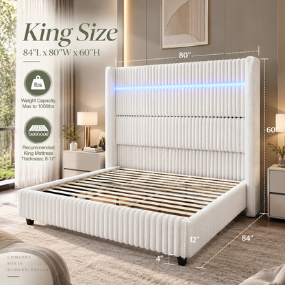 Warren Upholstered Bed Frame with LED Lights-King-White