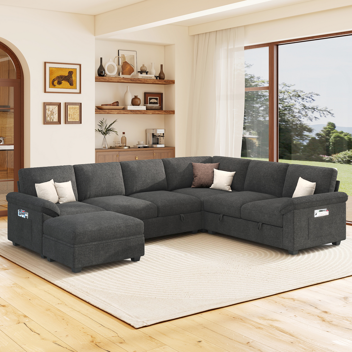 Sleeper Sectional Sofa with Pull Out Bed & Storage-105" | 7-Seater | Fixed backrest-Gray