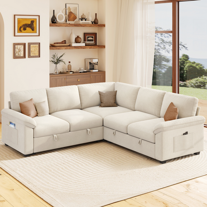 Sleeper Sectional Sofa with Pull Out Bed & Storage-81" | 5-Seater | Fixed backrest-Beige