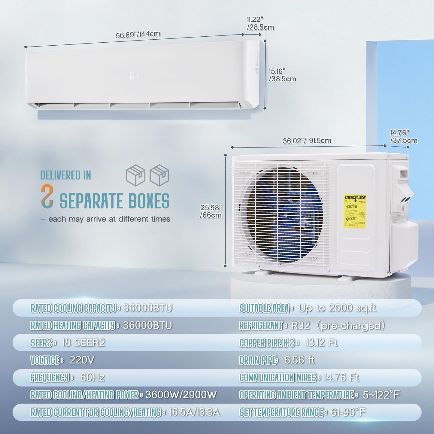 Whisper Ductless Mini Split AC and Heating System-36000BTU-220V
