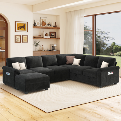 Sleeper Sectional Sofa with Pull Out Bed & Storage-105" | 7-Seater | Fixed backrest-Black