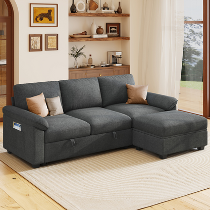 Sleeper Sectional Sofa with Pull Out Bed & Storage-81" | 3-Seater | Fixed backrest-Gray