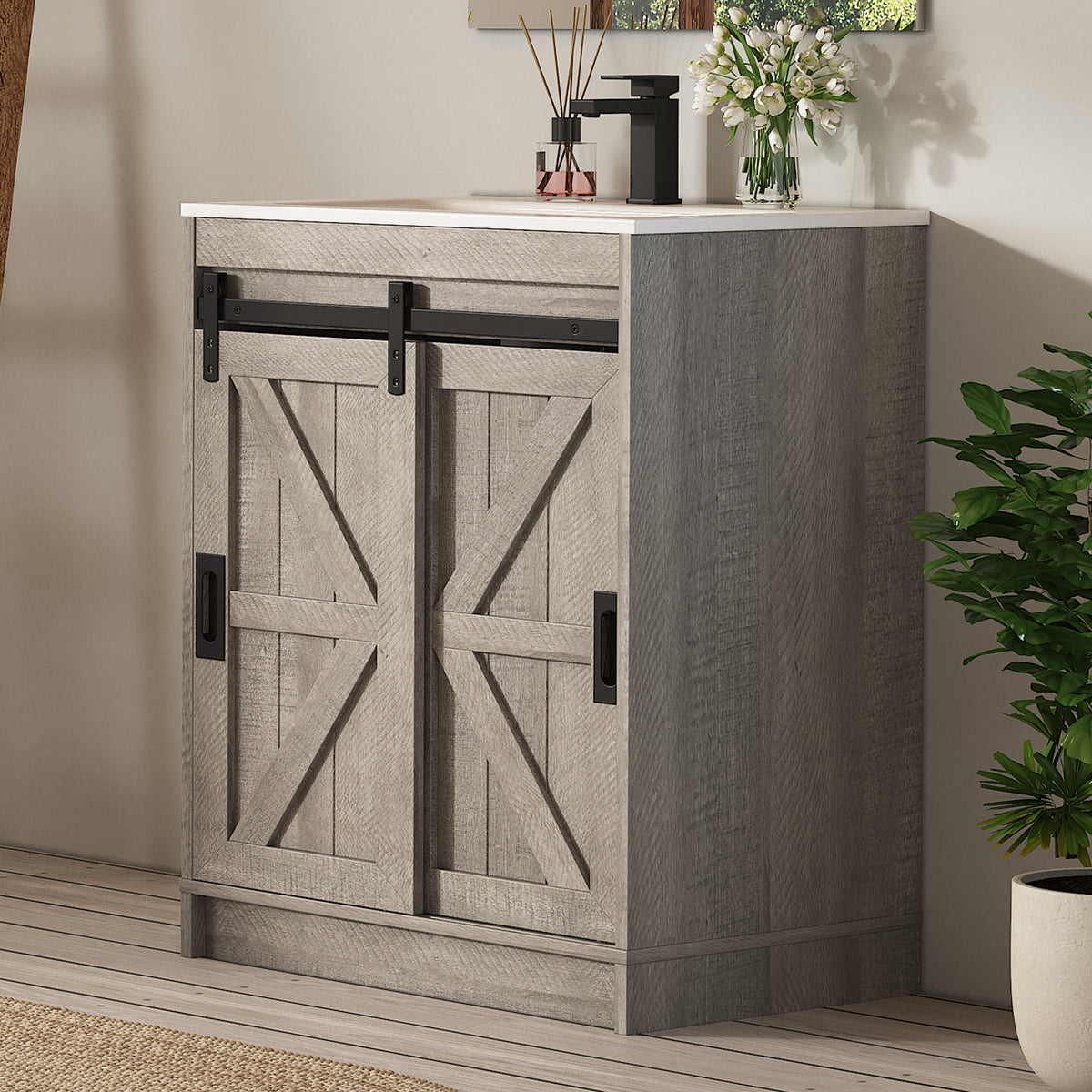 Bourbon Sliding Barn Vanity 24 inch Light Grey