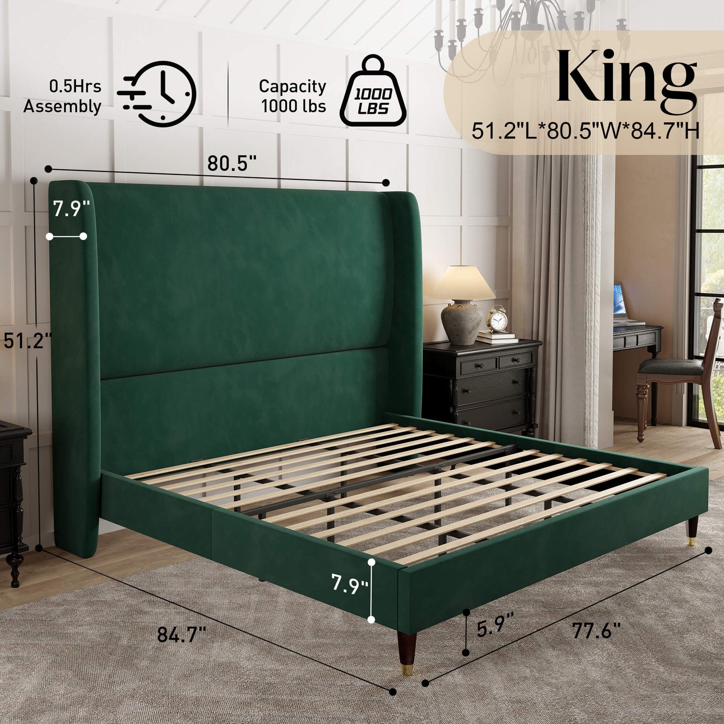Lanner Bed Frame with Velvet Headboard Amerlife Green