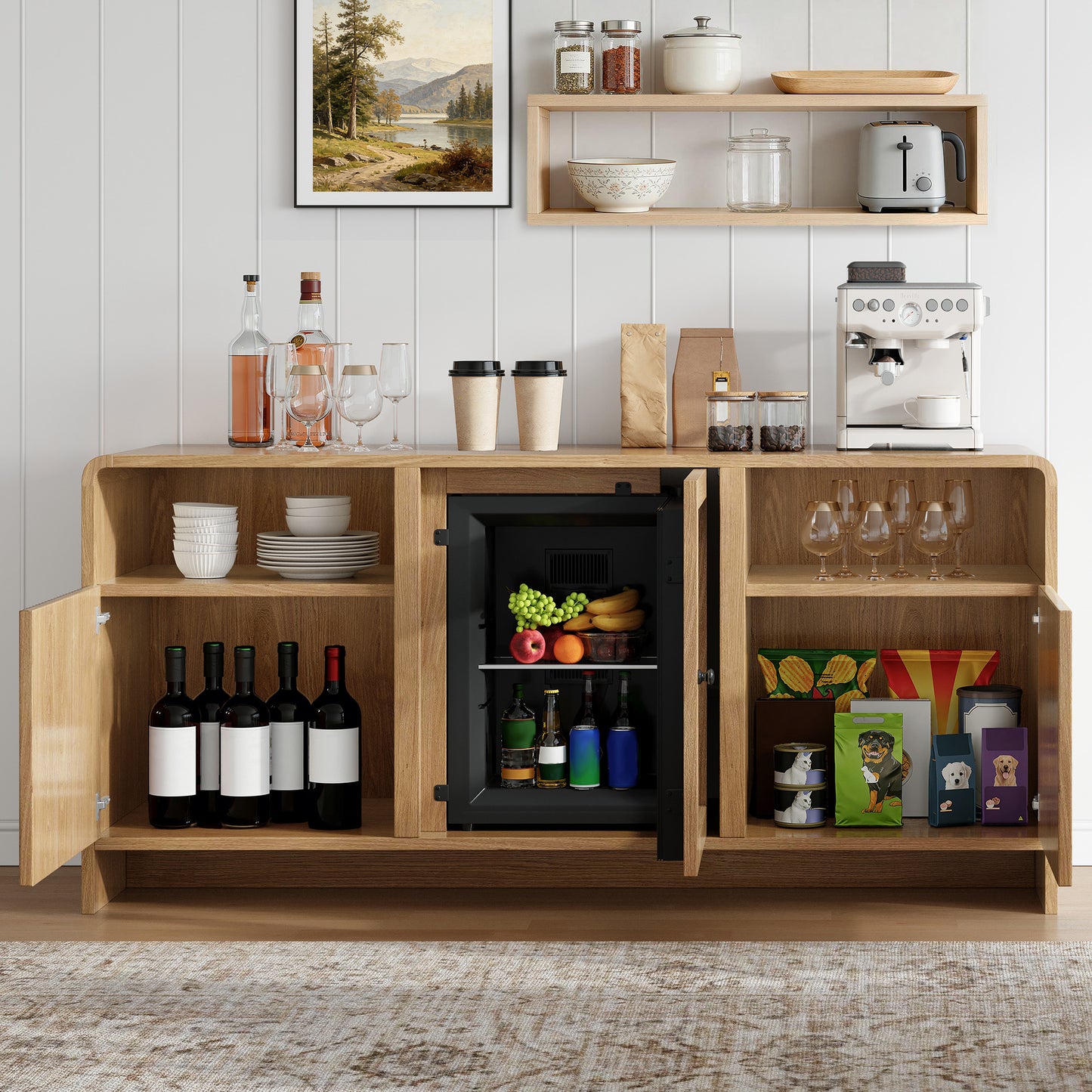 Mold Bar Cabinet with Built-In Fridge  - Natural Wood