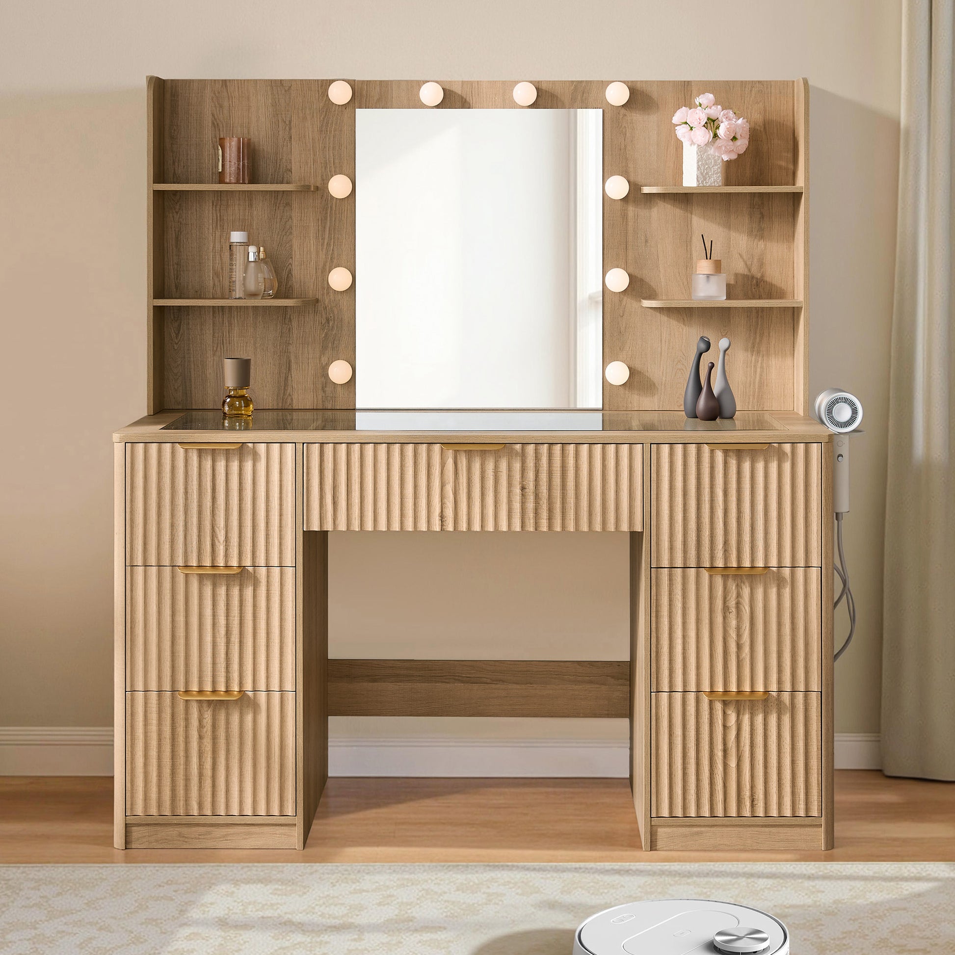 Glow 47.2" Fluted Vanity Desk Amerlife Natural Wood