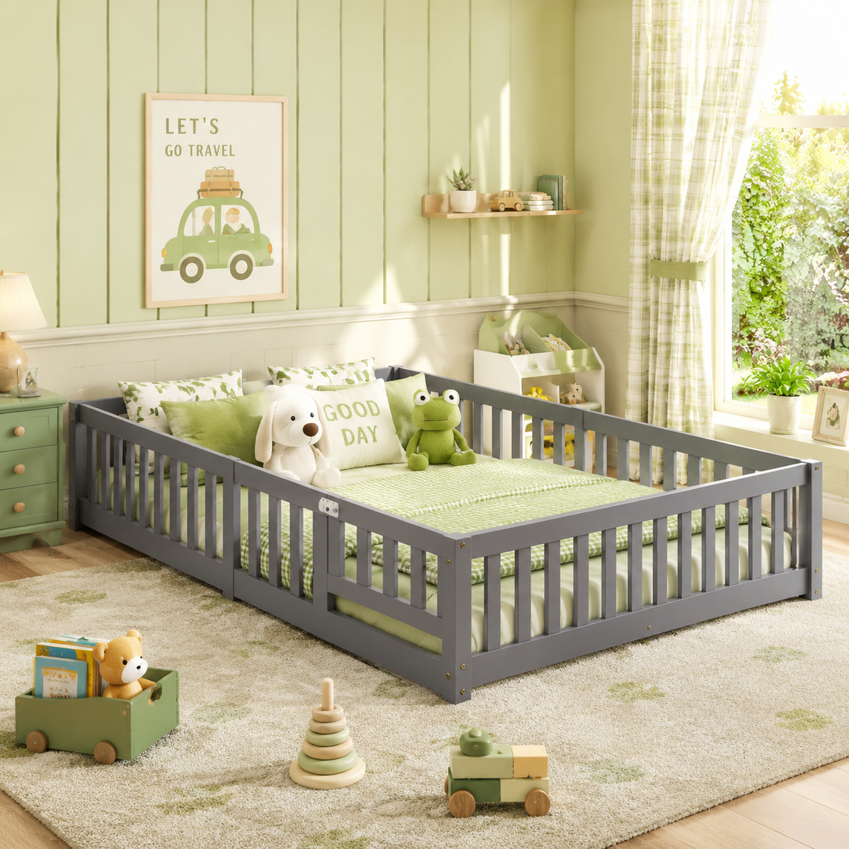 Solid Wood Kids Floor Bed with Safety Rails