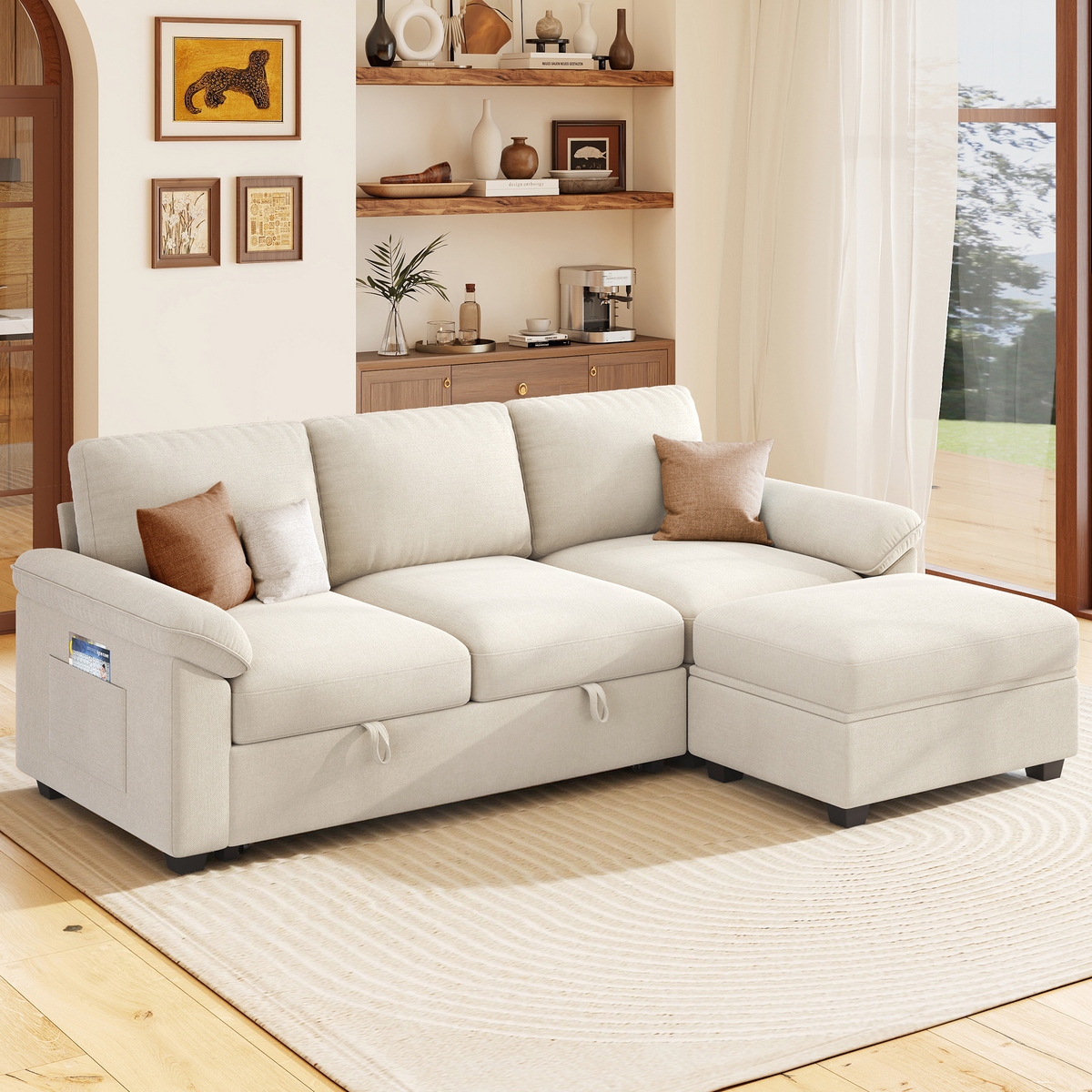 Sleeper Sectional Sofa with Pull Out Bed & Storage-81" | 3-Seater | Fixed backrest-Beige