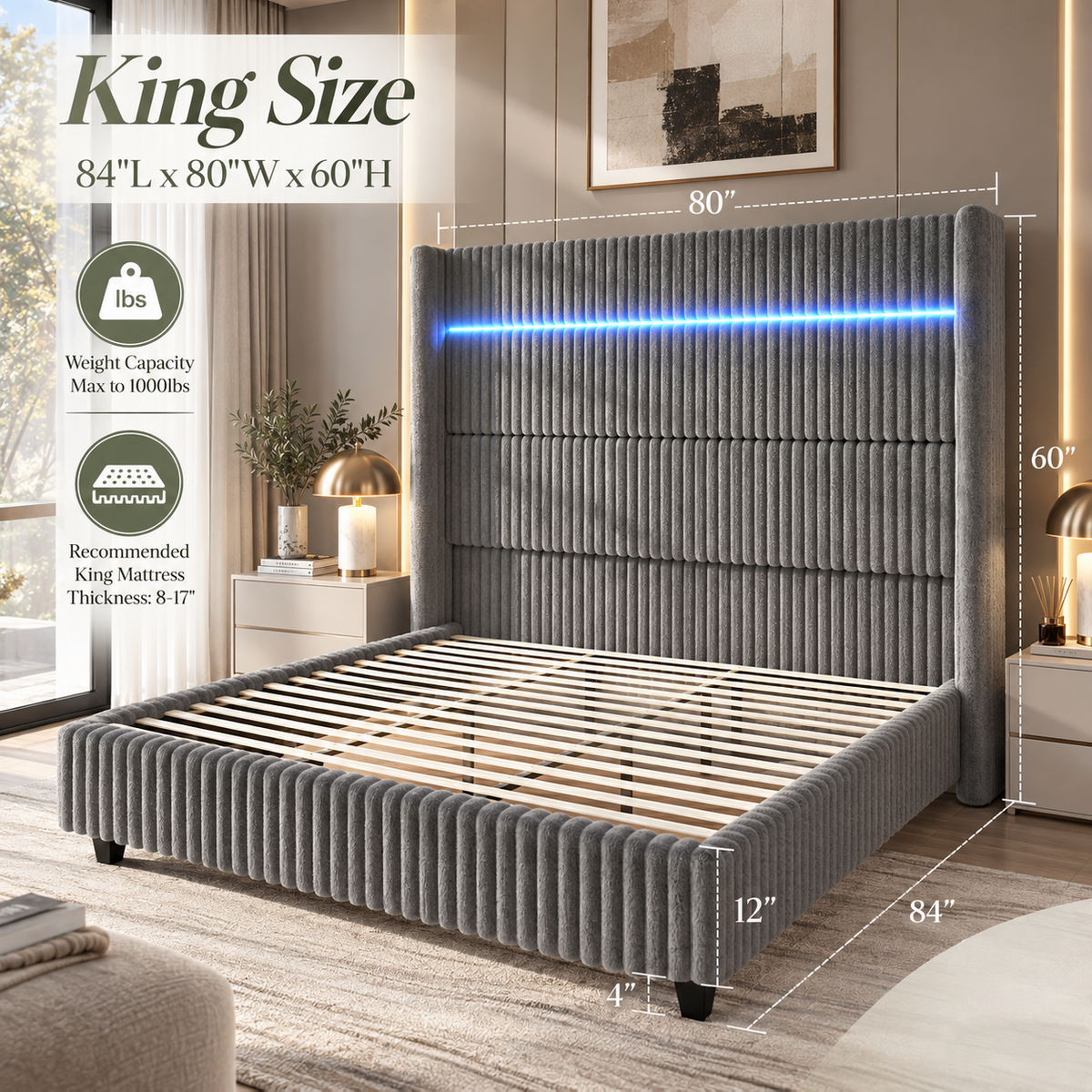 Warren Upholstered Bed Frame with LED Lights-King-Grey