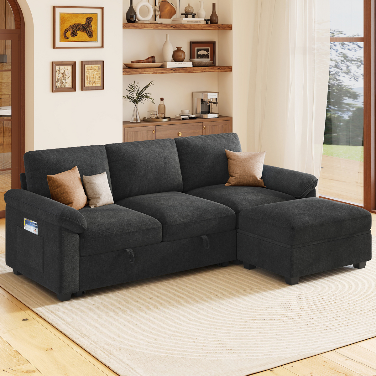 Sleeper Sectional Sofa with Pull Out Bed & Storage-81" | 3-Seater | Fixed backrest-Black