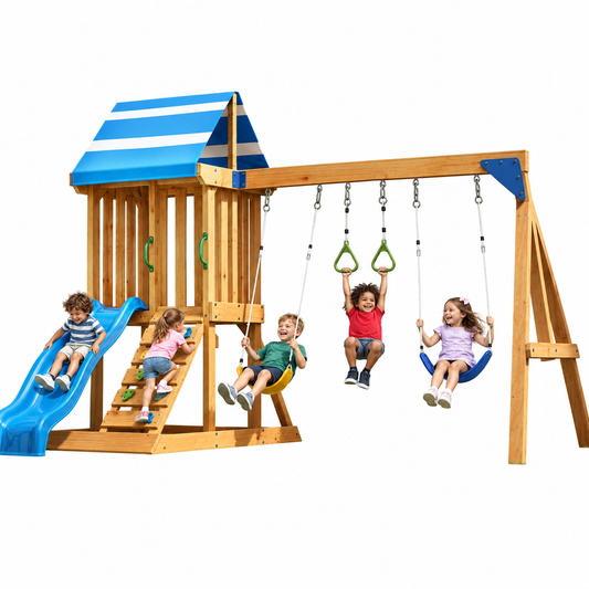 Evertrail Wooden Swing Set with Slide and Climbing Wall-Natural Oak