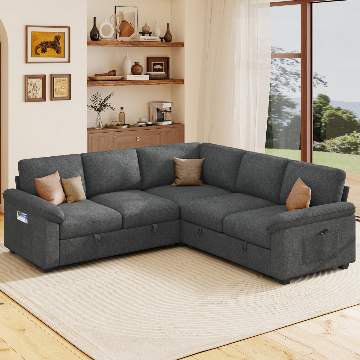 Sleeper Sectional Sofa with Pull Out Bed & Storage-81" | 5-Seater | Fixed backrest-Gray