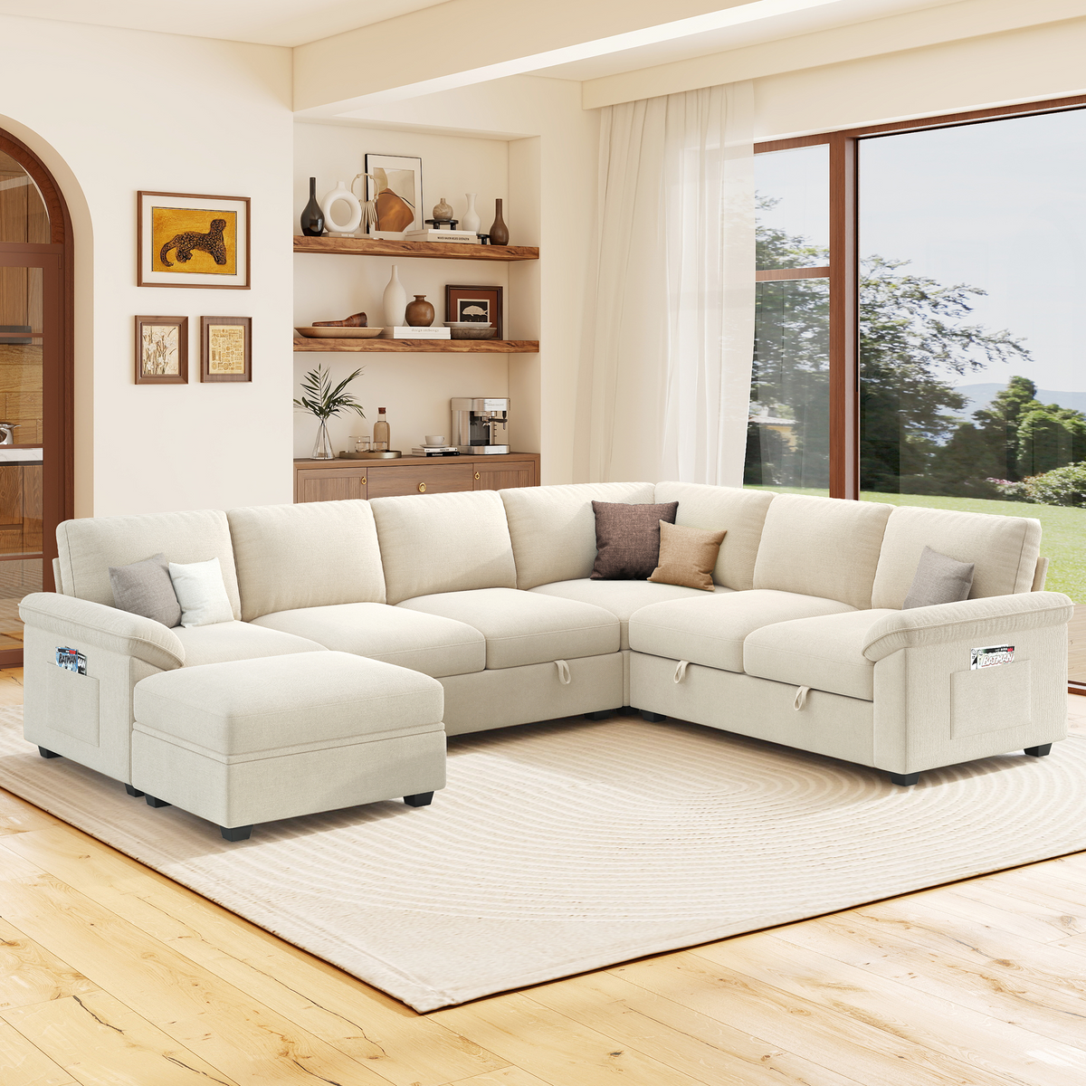 Sleeper Sectional Sofa with Pull Out Bed & Storage-105" | 7-Seater-Beige