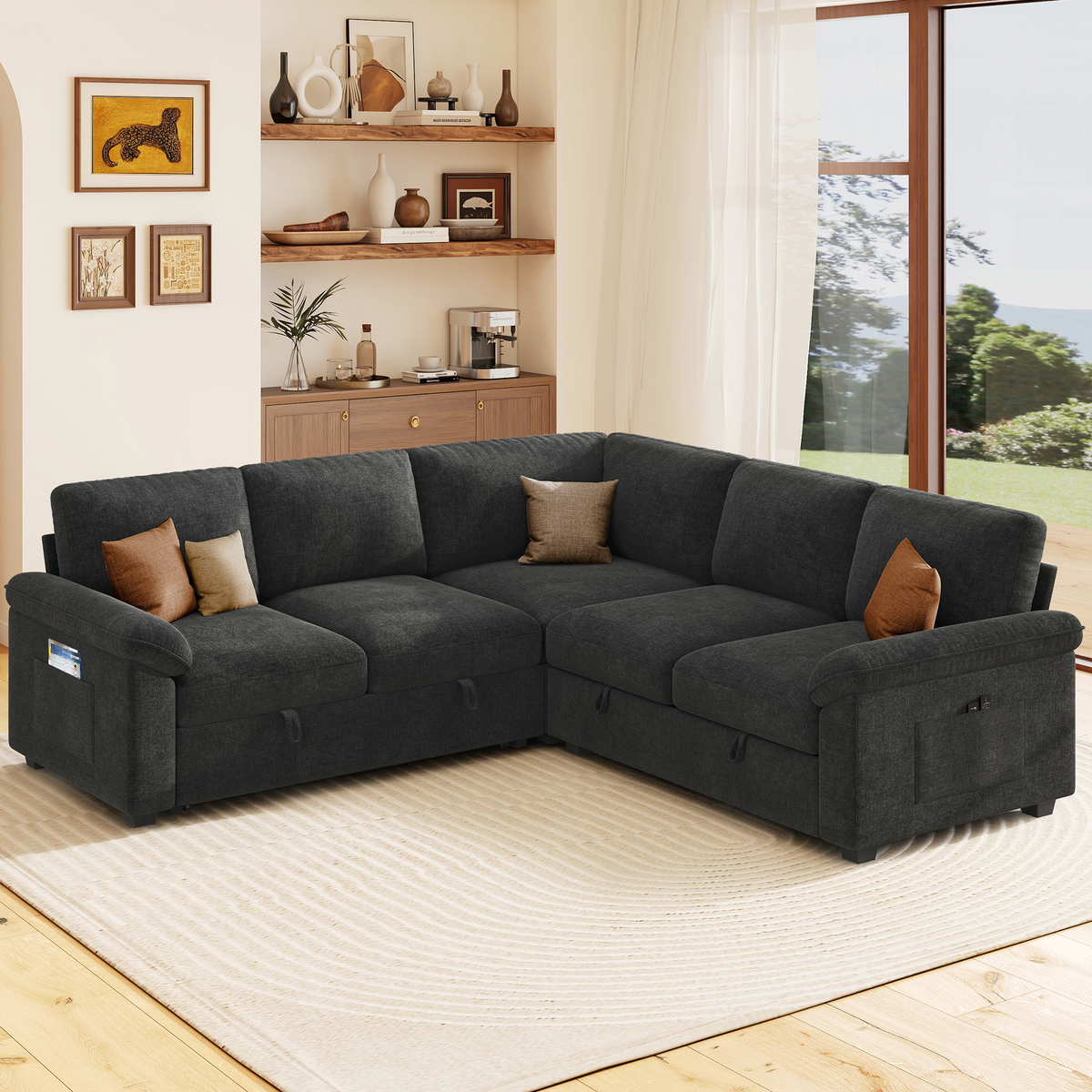 Sleeper Sectional Sofa with Pull Out Bed & Storage-81" | 5-Seater | Fixed backrest-Black