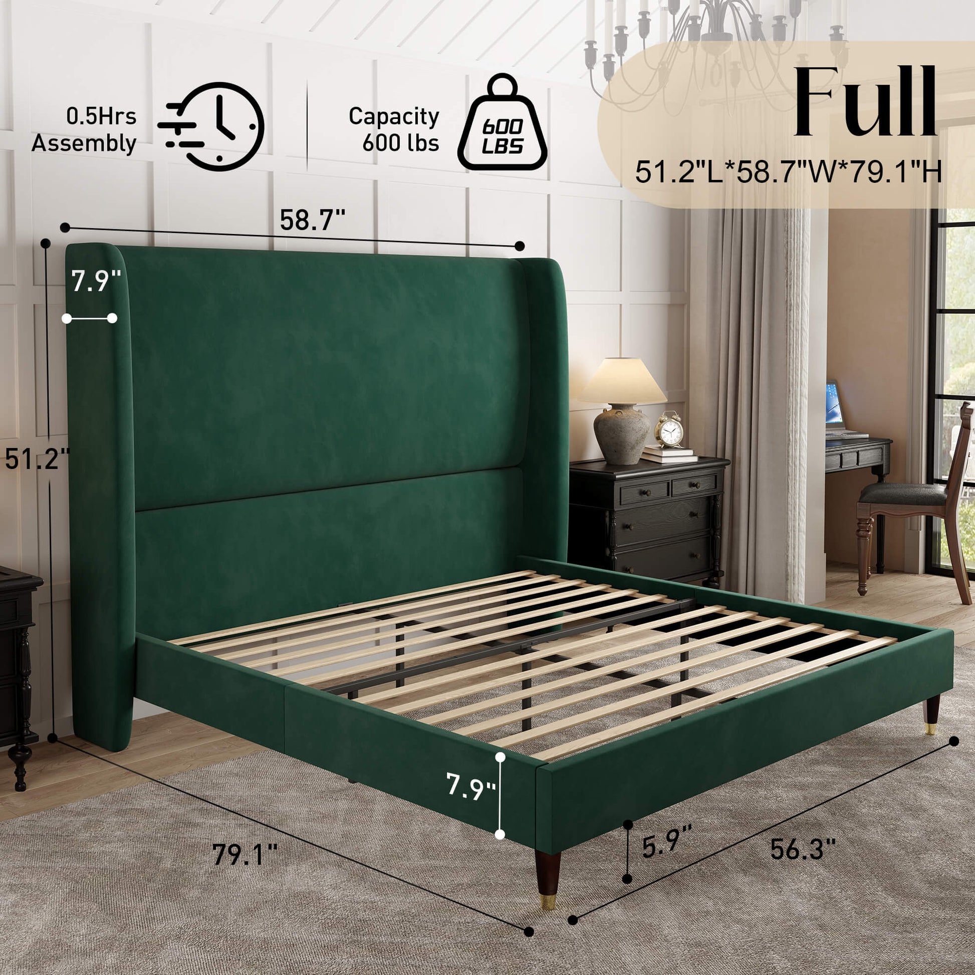 Lanner Bed Frame with Velvet Headboard Amerlife Green