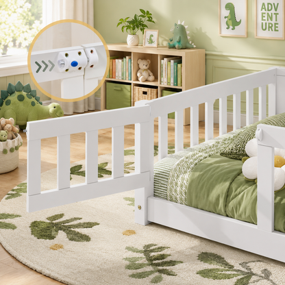Solid Wood Kids Floor Bed with Safety Rails