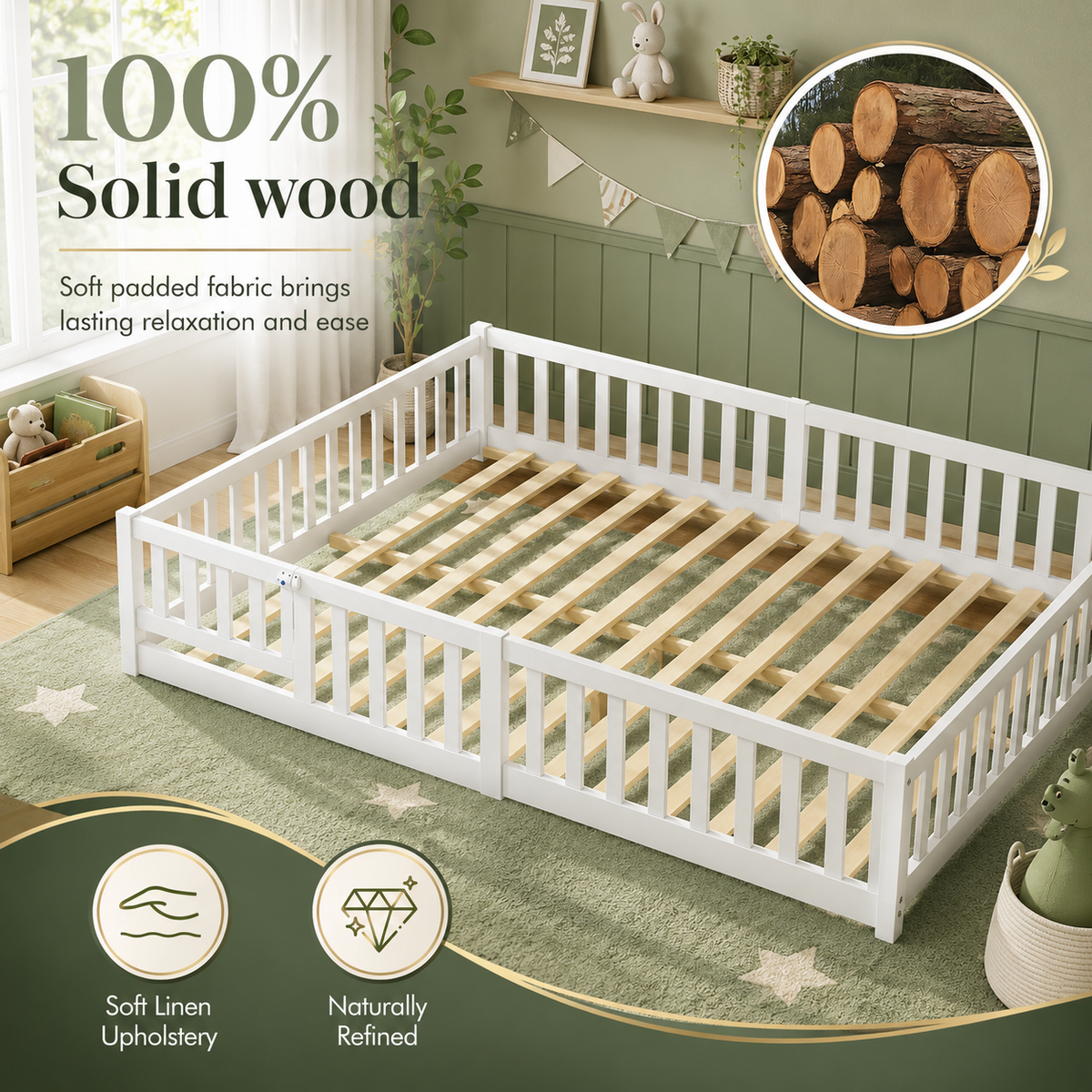 Solid Wood Kids Floor Bed with Safety Rails