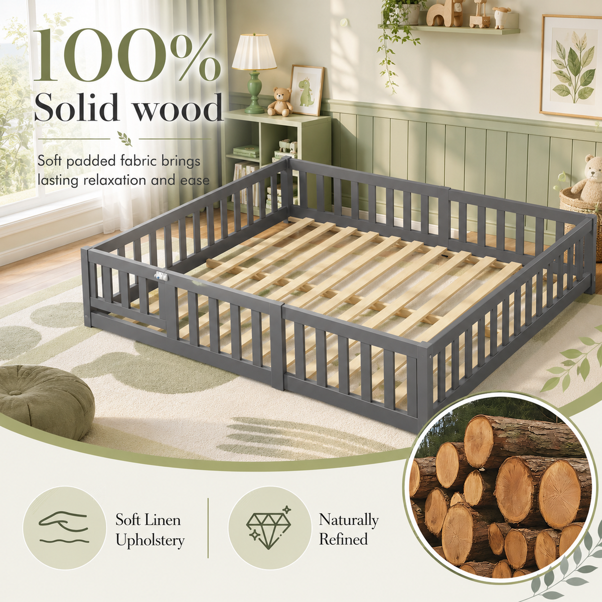 Solid Wood Kids Floor Bed with Safety Rails