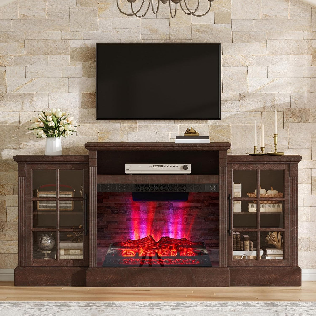 Everwood 70" Fireplace TV Stand Amerlife Rustic Brown