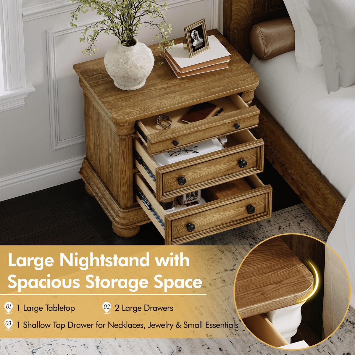 Bun Fully Assembly Wood Nightstand-26"-2PC-Light Brown