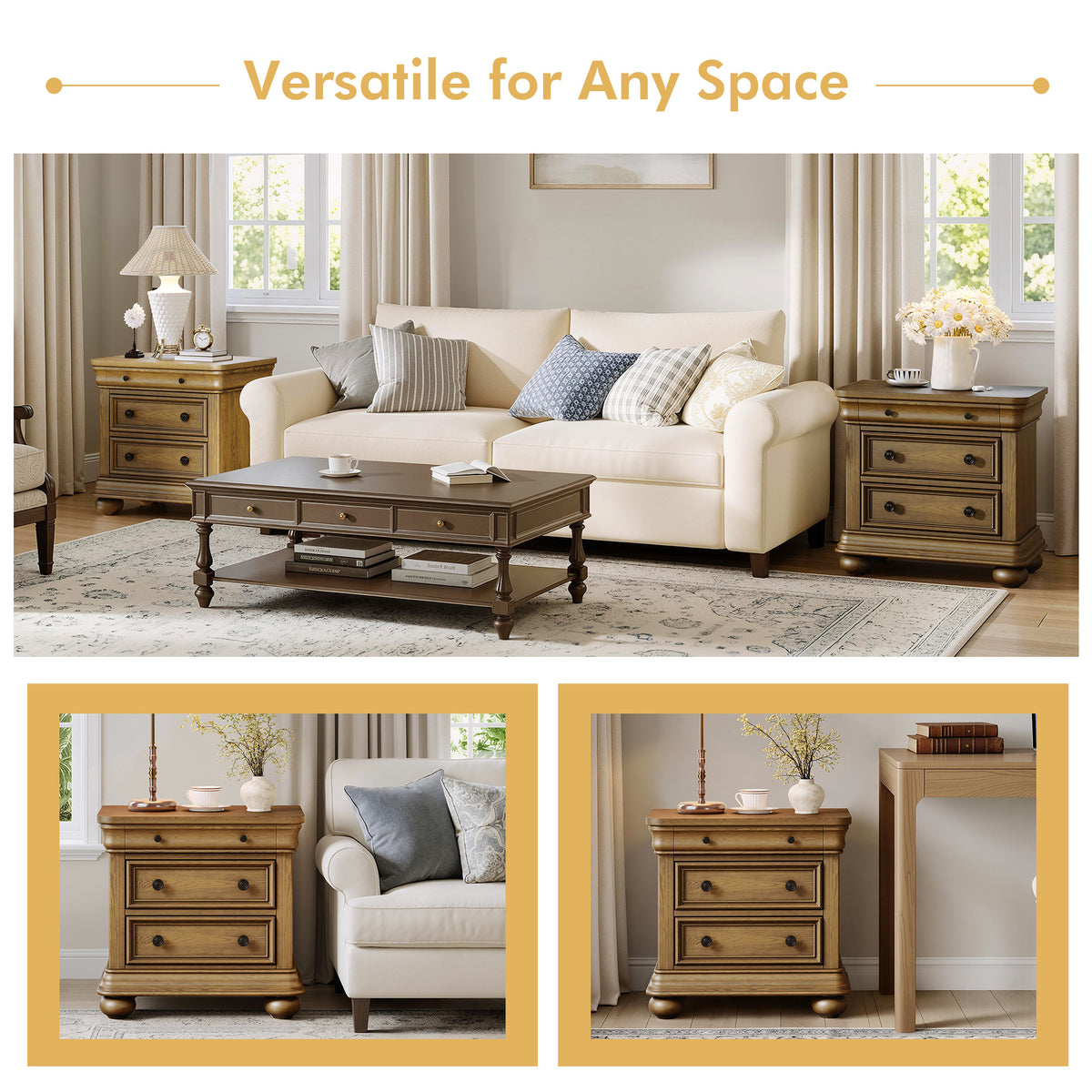 Bun Fully Assembly Wood Nightstand-26"-2PC-Light Brown