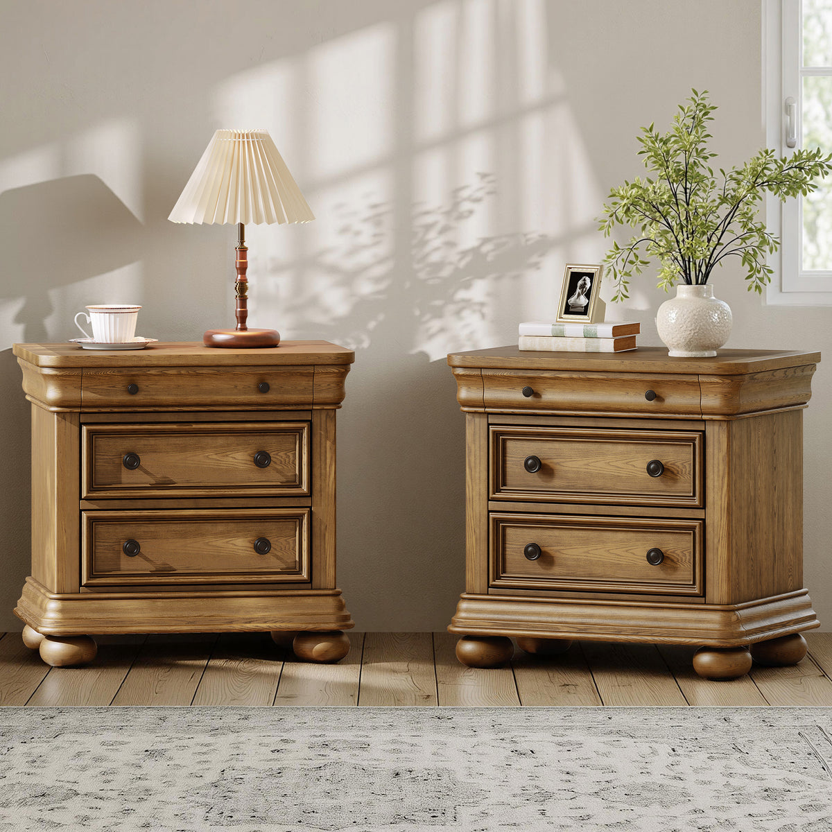 Bun Fully Assembly Wood Nightstand-26"-2PC-Light Brown