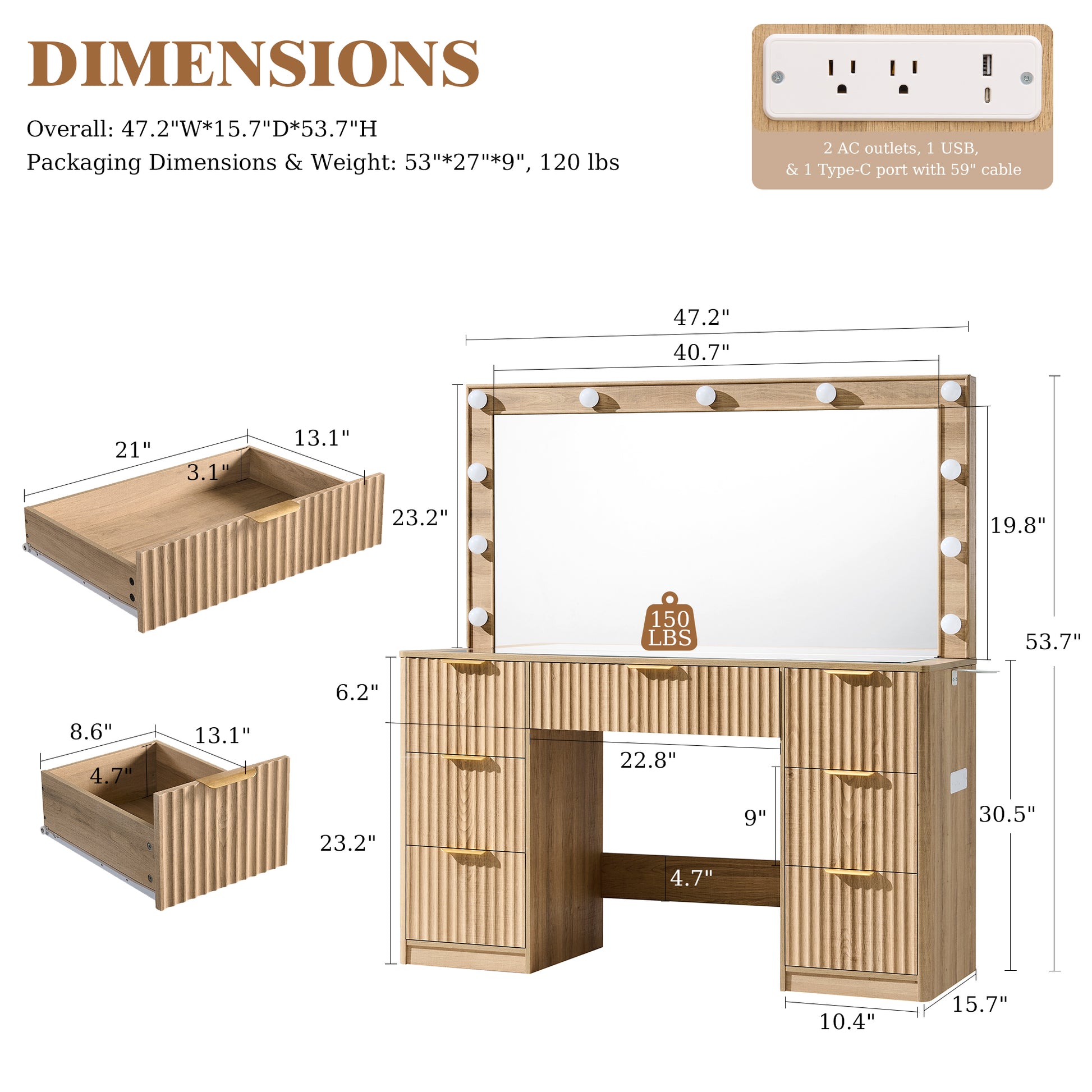 Glow 47.2" Fluted Vanity Desk Amerlife Natural Wood