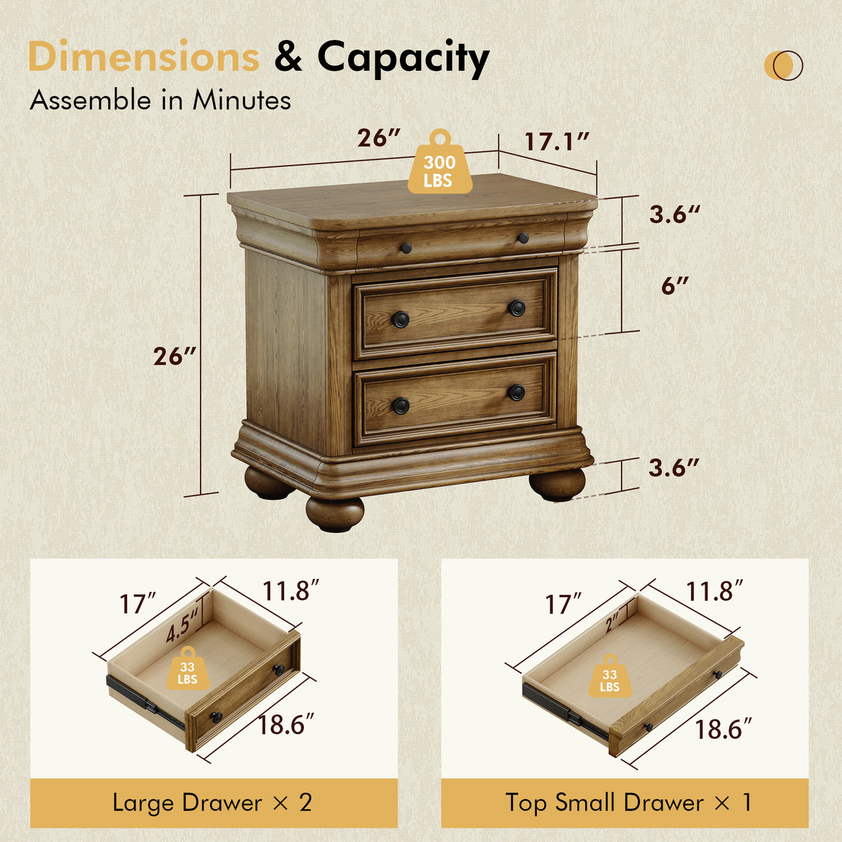 Bun Fully Assembly Wood Nightstand-26"-2PC-Light Brown
